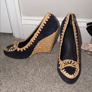 Tory Burch Navy and Tan Wedge Espadrilles